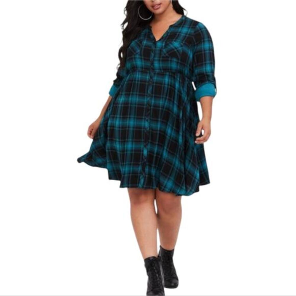 Torrid Teal Black Plaid Mini Challis Button Front Shirt Dress‎ Plus Size 2X 2